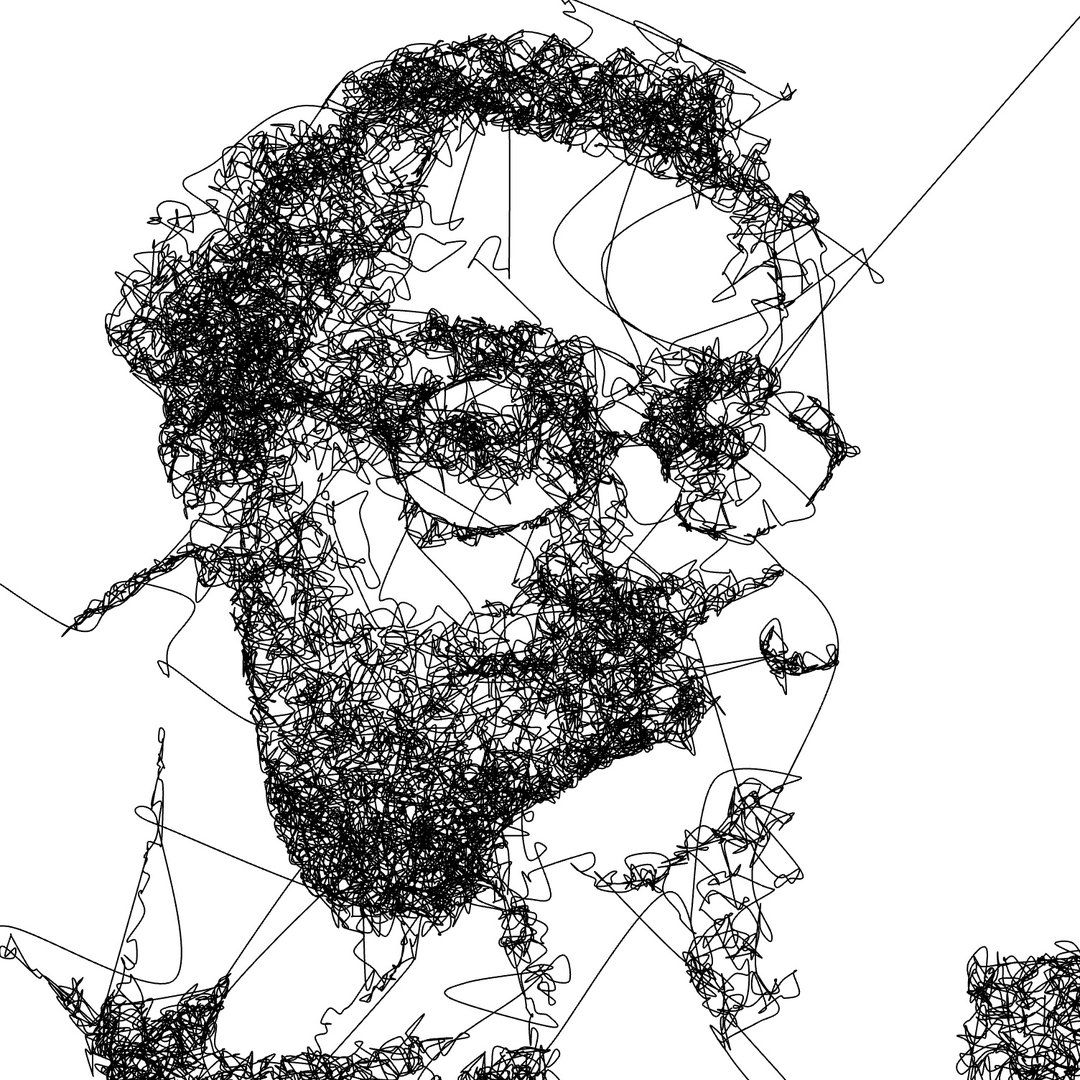 A black and white self portrait drawn algorithmically using a single continuous line